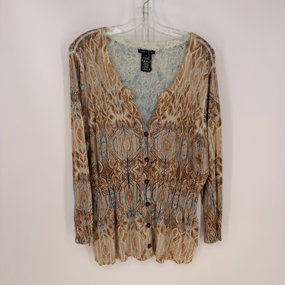NIC+ZOE Cardigan Sweater Womens XL Brown Blue Abstract Geometric Boho Art Fairy